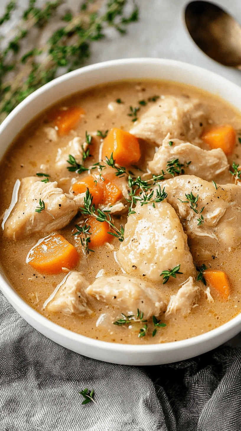 Bowl of easy gluten-free chicken and dumplings with tender chicken and carrots