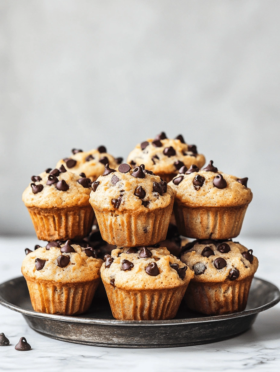 Stack of mini chocolate chip muffins on a rustic metal plate, with golden tops and melty chocolate chips, set against a soft marble background.