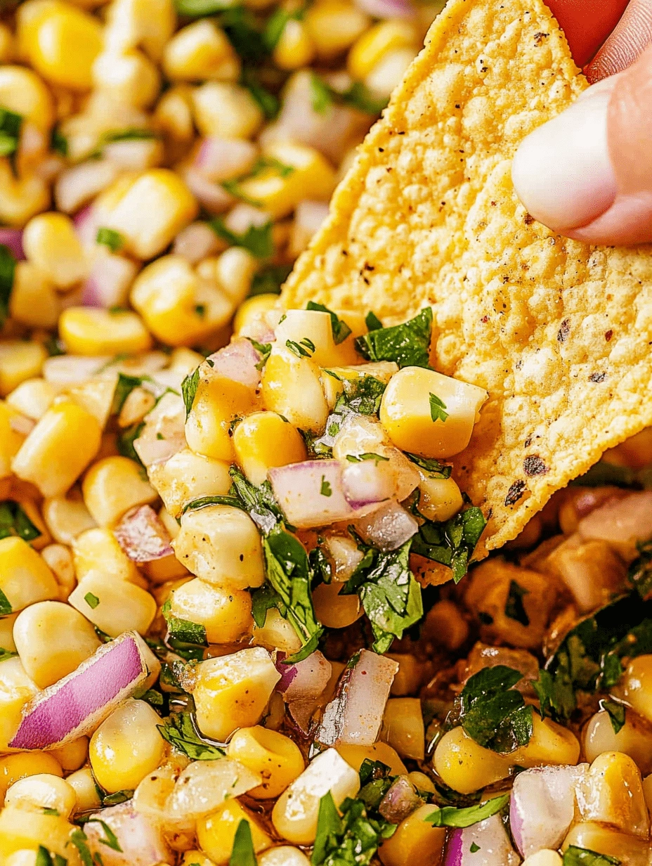 lose-up of roasted chili corn salsa scooped with a tortilla chip, featuring corn kernels, red onion, and fresh cilantro.