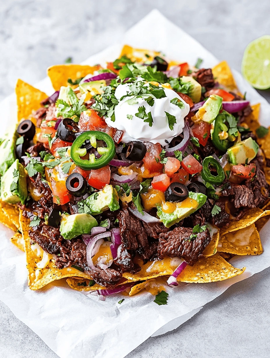 Loaded steak nachos topped with sour cream, avocado, jalapeños, olives, tomatoes, red onions, and cilantro on parchment paper.