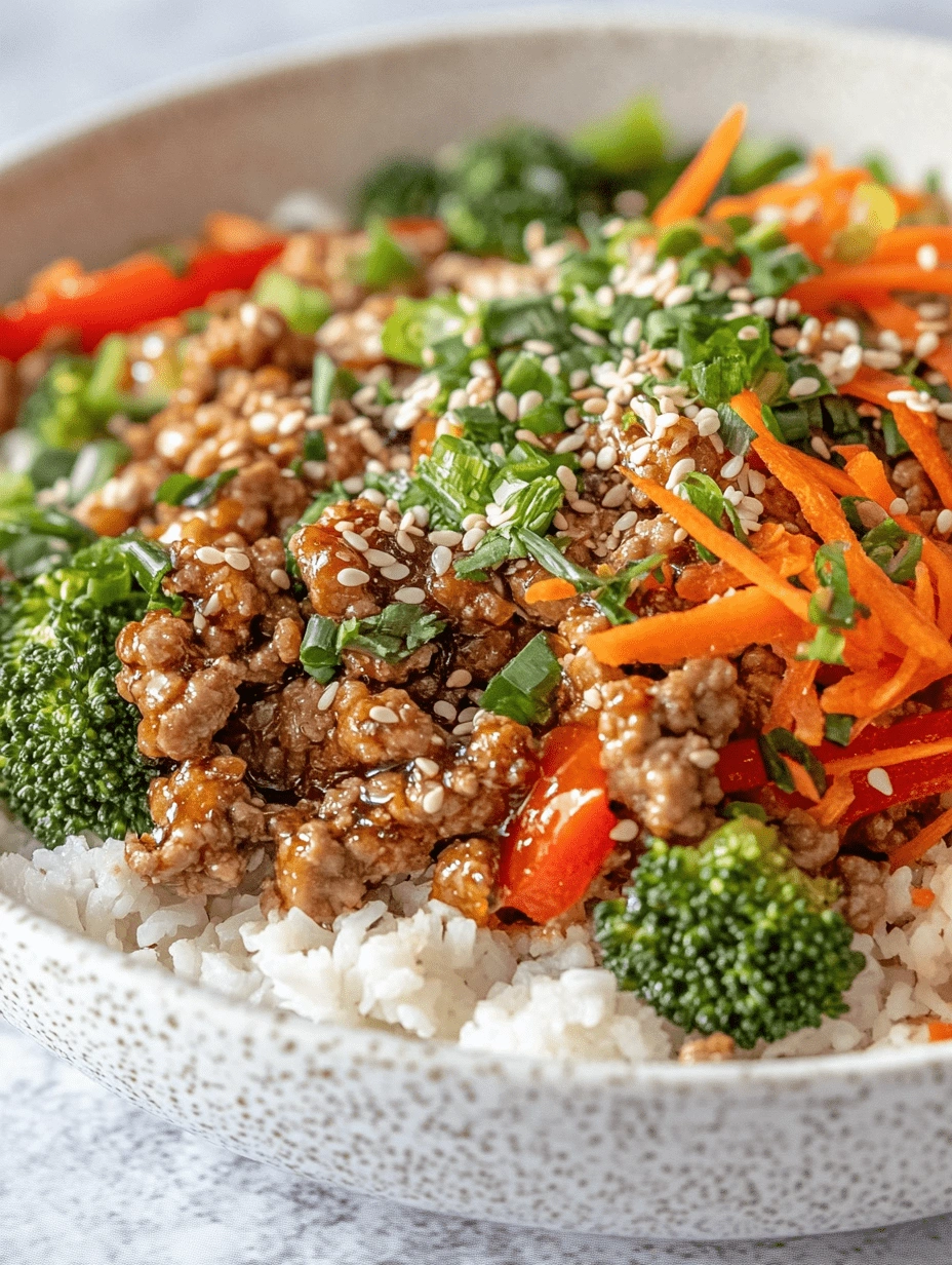 Close-up of a Teriyaki Turkey Rice Bowl topped with sesame seeds, shredded carrots, broccoli, and green onions over white rice.