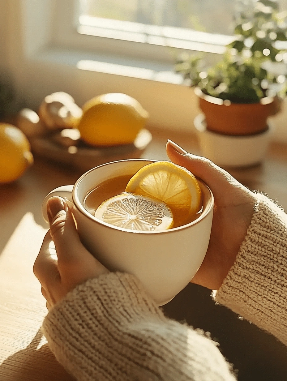 4 Ingredient Mounjaro Recipe – Warm lemon ginger tea with lemon slices in a ceramic mug held by hands in a cozy sweater