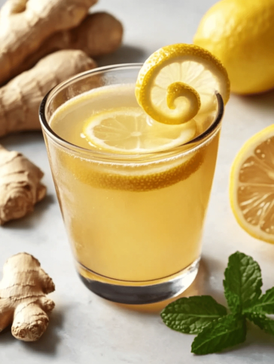 4 Ingredient Mounjaro Recipe – Lemon ginger detox drink with lemon spiral garnish and fresh mint on marble surface