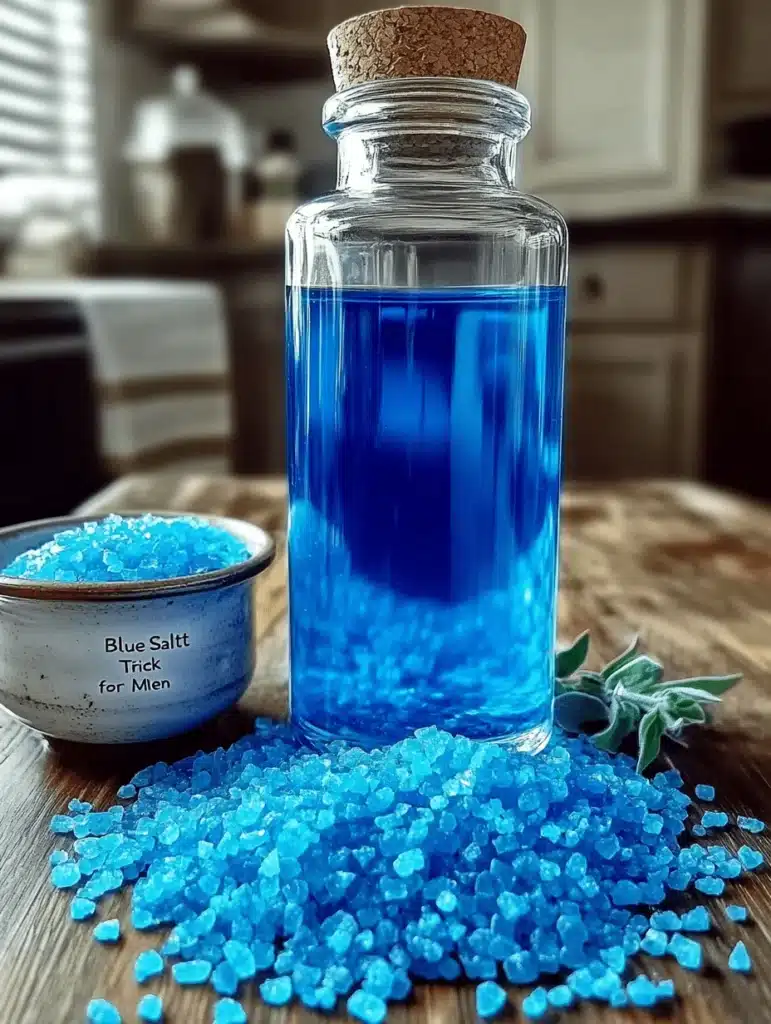 A tall blue beverage next to a glass jar and a pile of blue salt crystals on a granite countertop in a modern kitchen.
