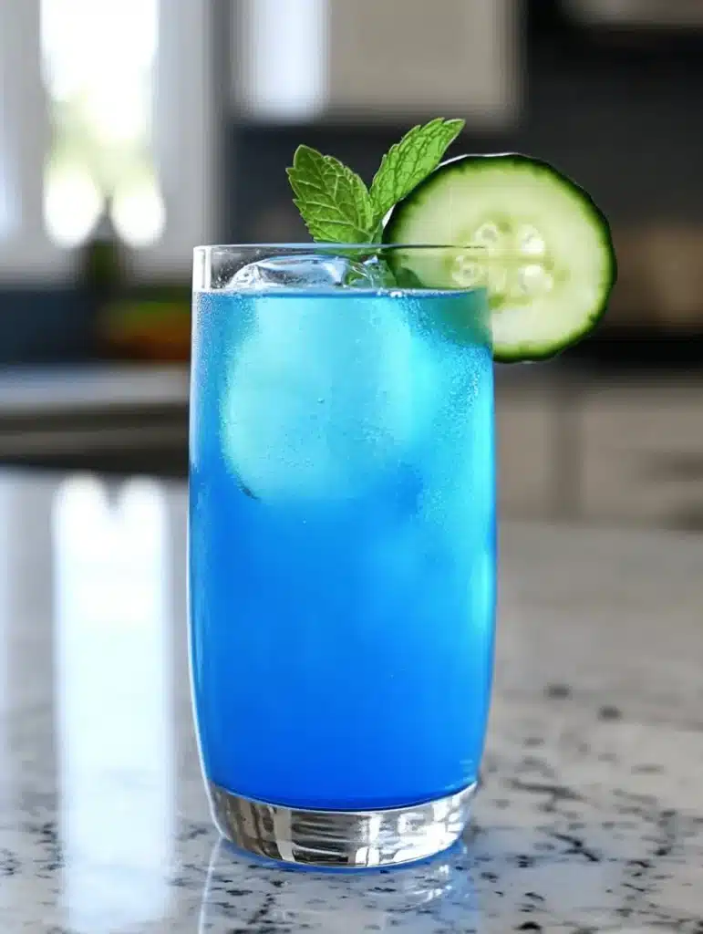 A bright, fizzy blue beverage with granulated salt crystals and a clear jar on a granite surface.