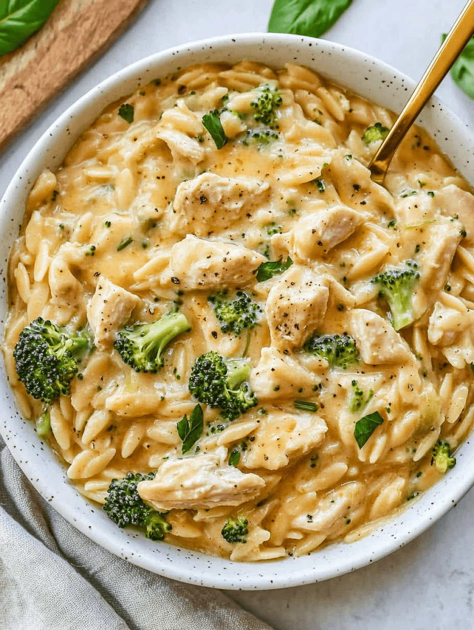 Top-down image of cheesy chicken and broccoli orzo pasta with golden spoon and speckled bowl on a light background.