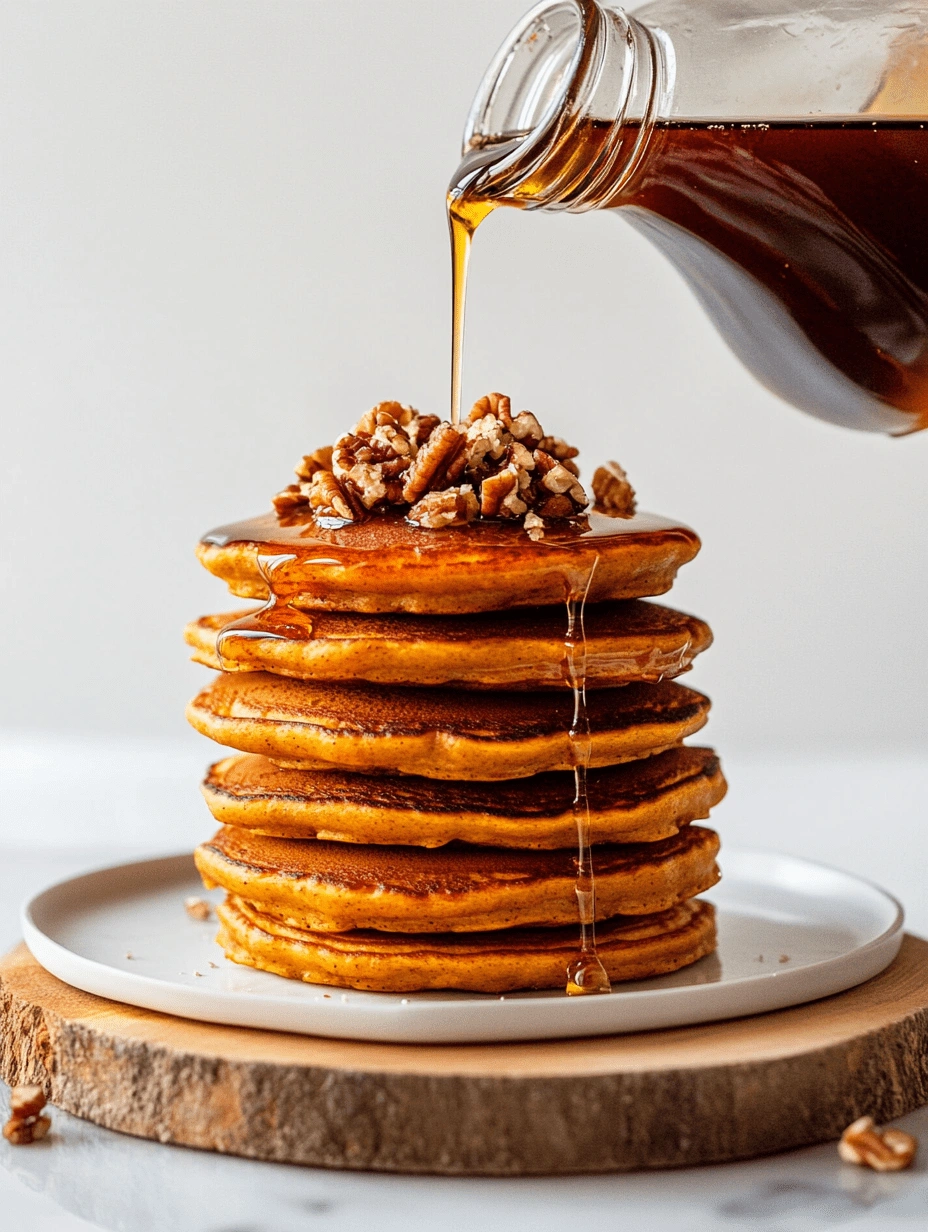 Syrup being poured from a glass jar over a stack of pumpkin pancakes topped with pecans