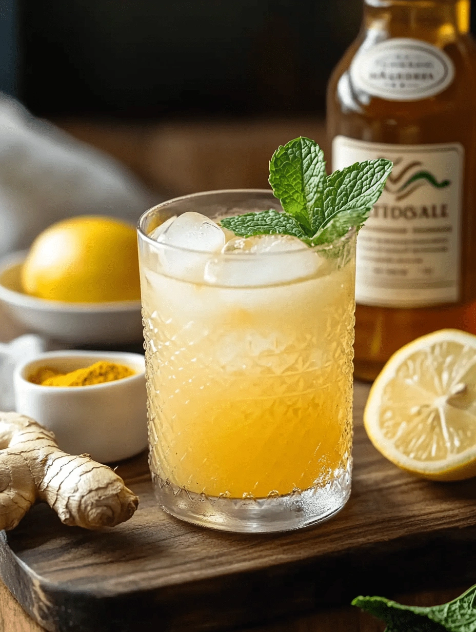 Glass of Natural Mounjaro Recipe detox drink with lemon, ginger, mint, and ice on a wooden board.