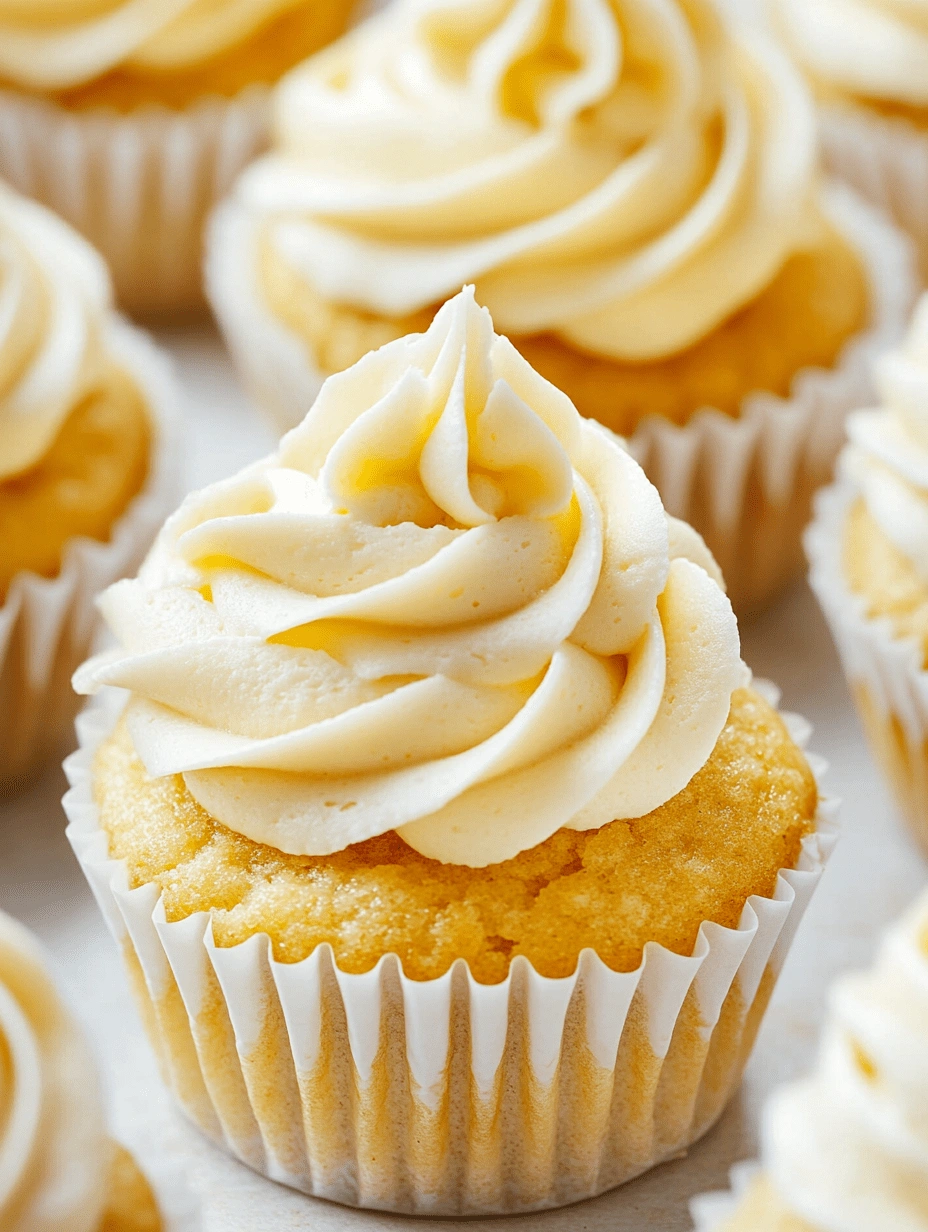 Close-up of a golden vanilla cupcake with piped buttercream frosting in a white paper liner.