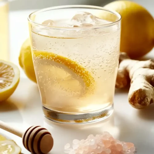 Glass of pink salt and apple cider vinegar for weight loss drink with lemon and ginger