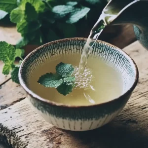 Hot water pouring into a ceramic bowl with lemon balm leaves on a rustic wooden table, always highlighting Lemon Balm for Weight Loss.