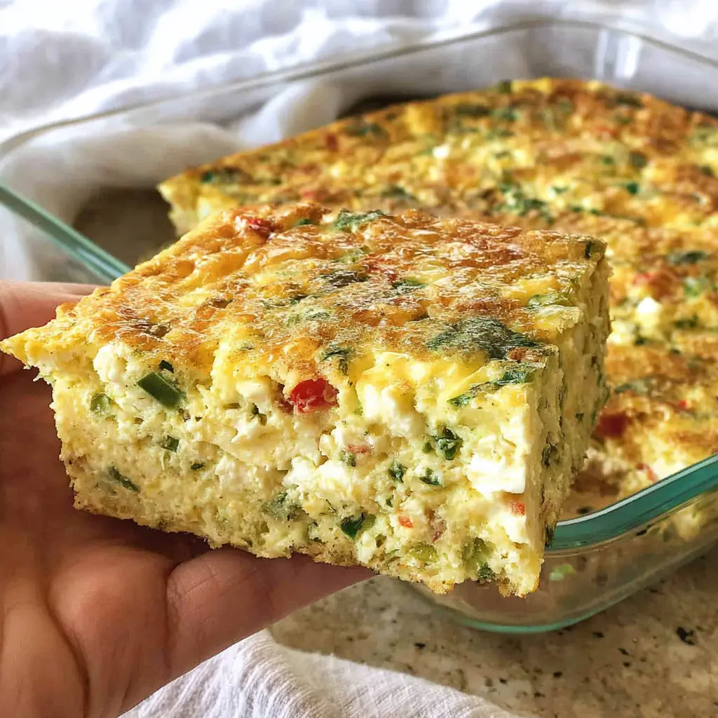 Close-up of hand holding a slice of high protein egg bake with cottage cheese, packed with herbs and red pepper over a glass dish.
