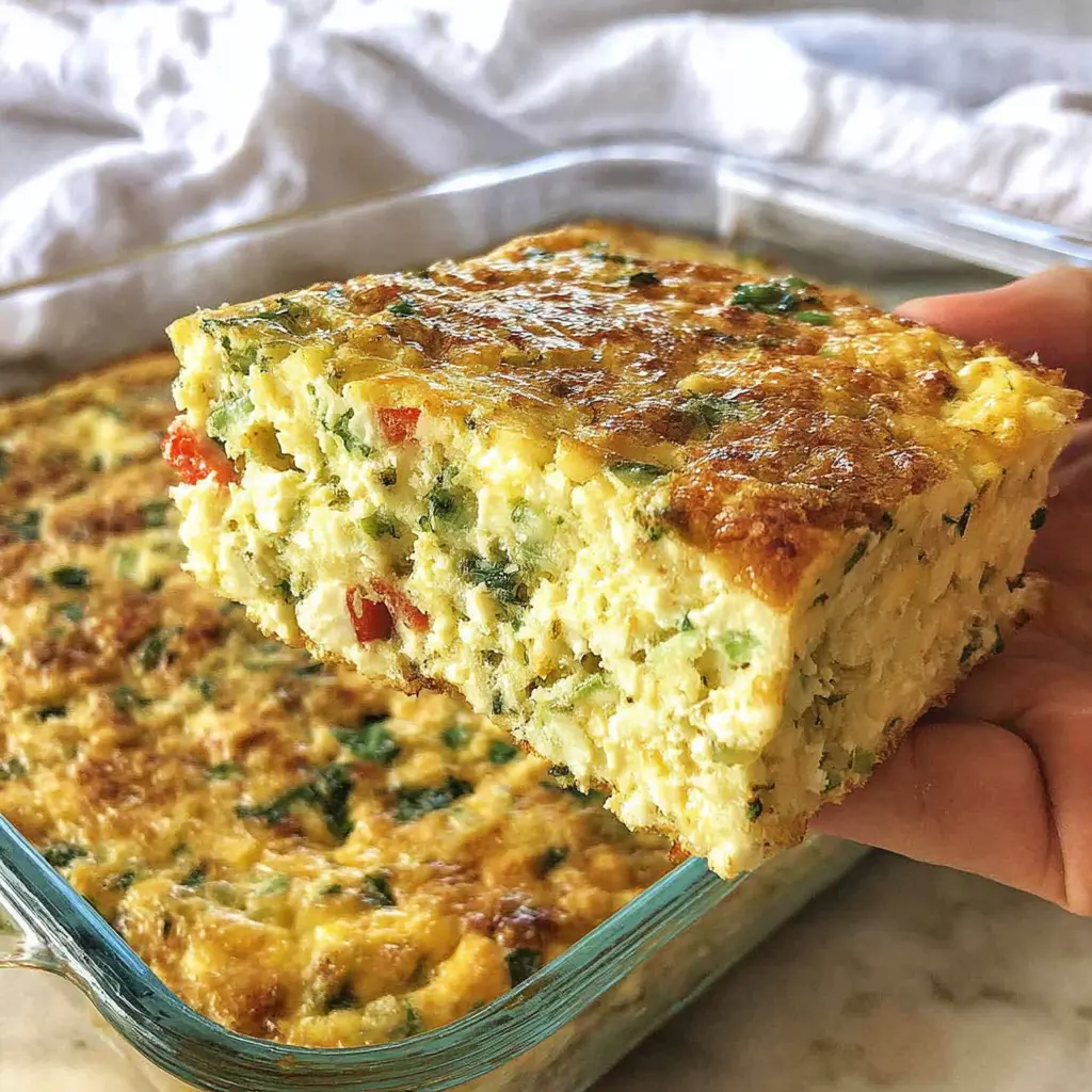 Golden slice of high protein egg bake with cottage cheese held above a baking dish, filled with herbs and red pepper, on a kitchen counter.
