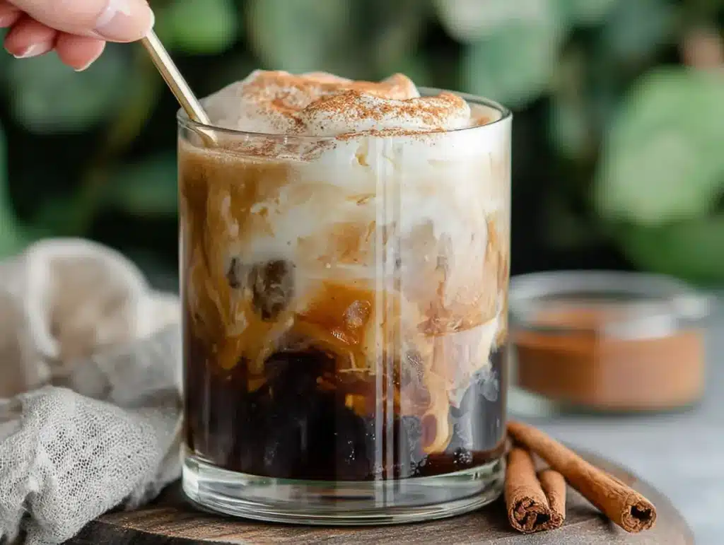 Iced Banana Bread Latte with creamy milk and cinnamon in a clear glass