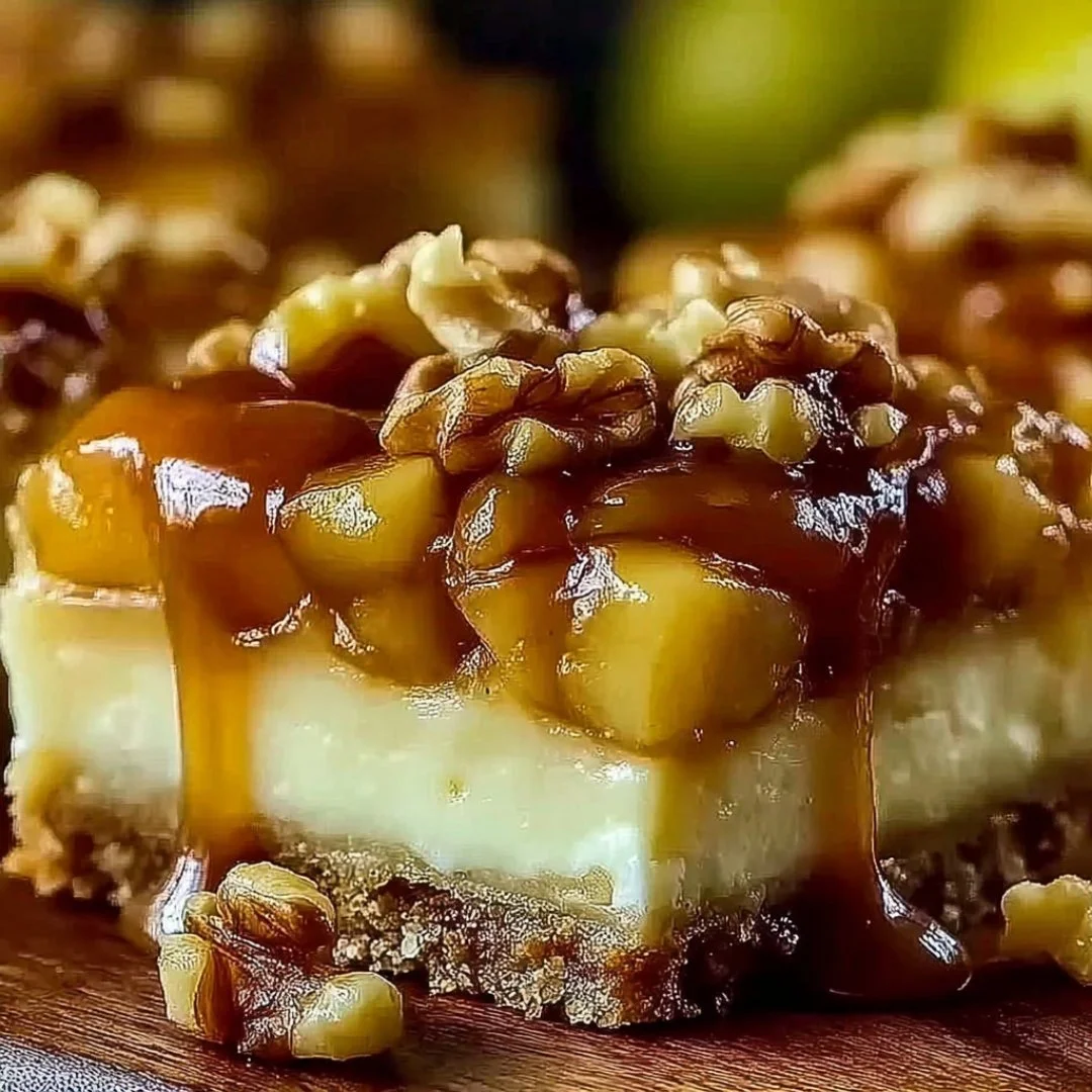 Delicious caramel apple cheesecake bars with a buttery crust and creamy filling.