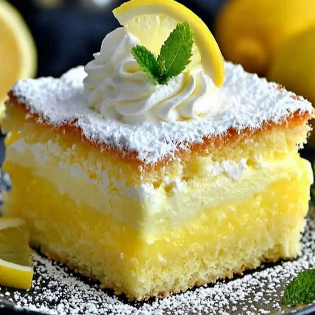 Delicious Lemon Custard Cake that melts in your mouth, garnished with lemon zest.