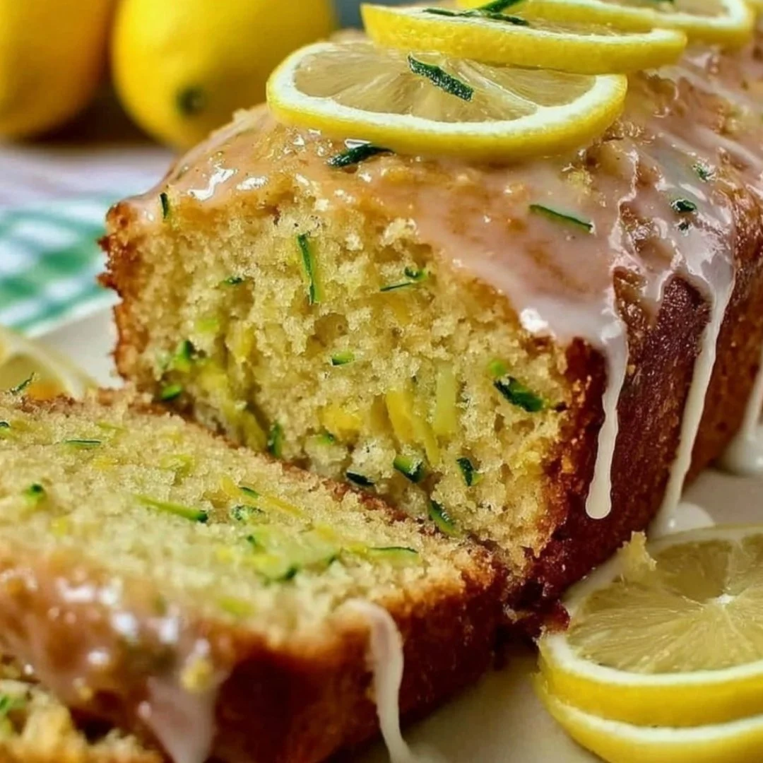 Slice of moist Lemon Zucchini Cake garnished with lemon zest and zucchini