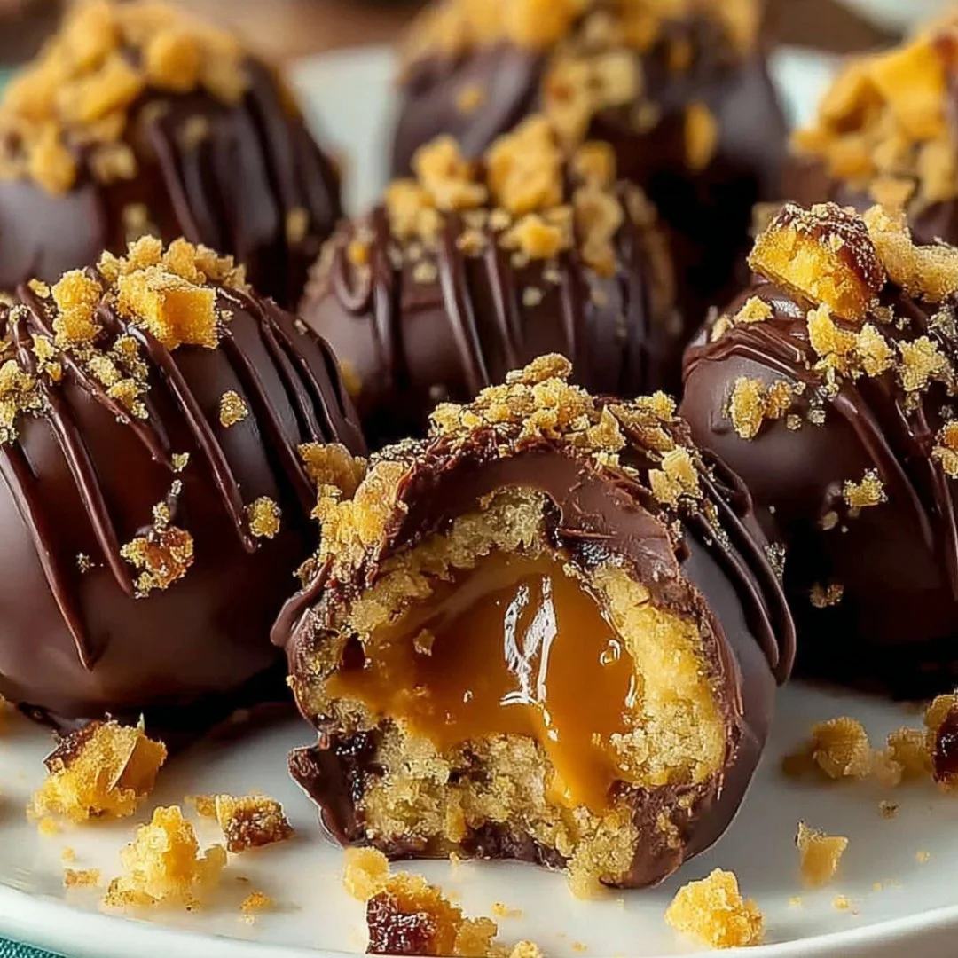 No Bake Caramel Crunch Butterfinger Truffles ready to enjoy on a platter