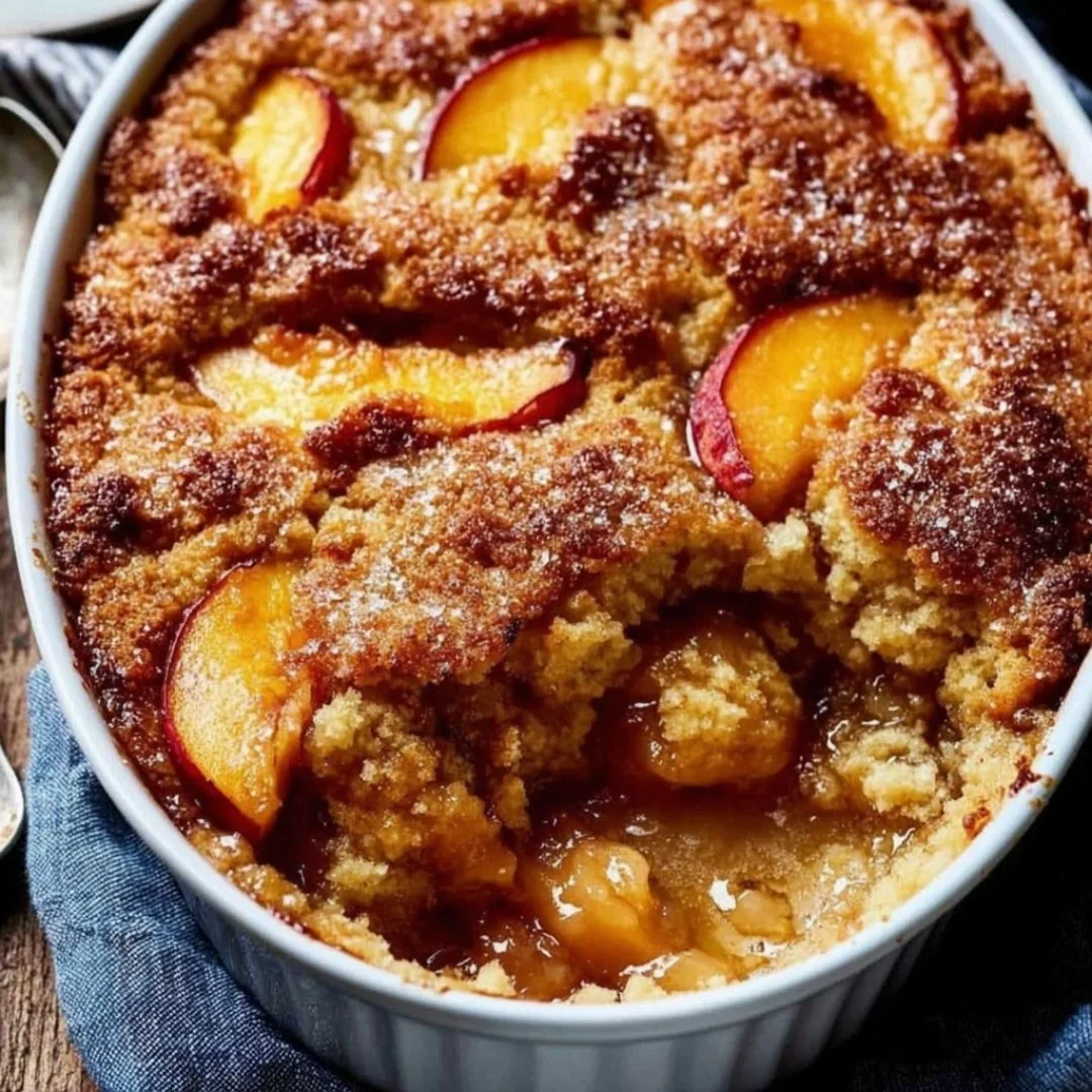 Delicious homemade Peach Cobbler with fresh peaches and golden crust