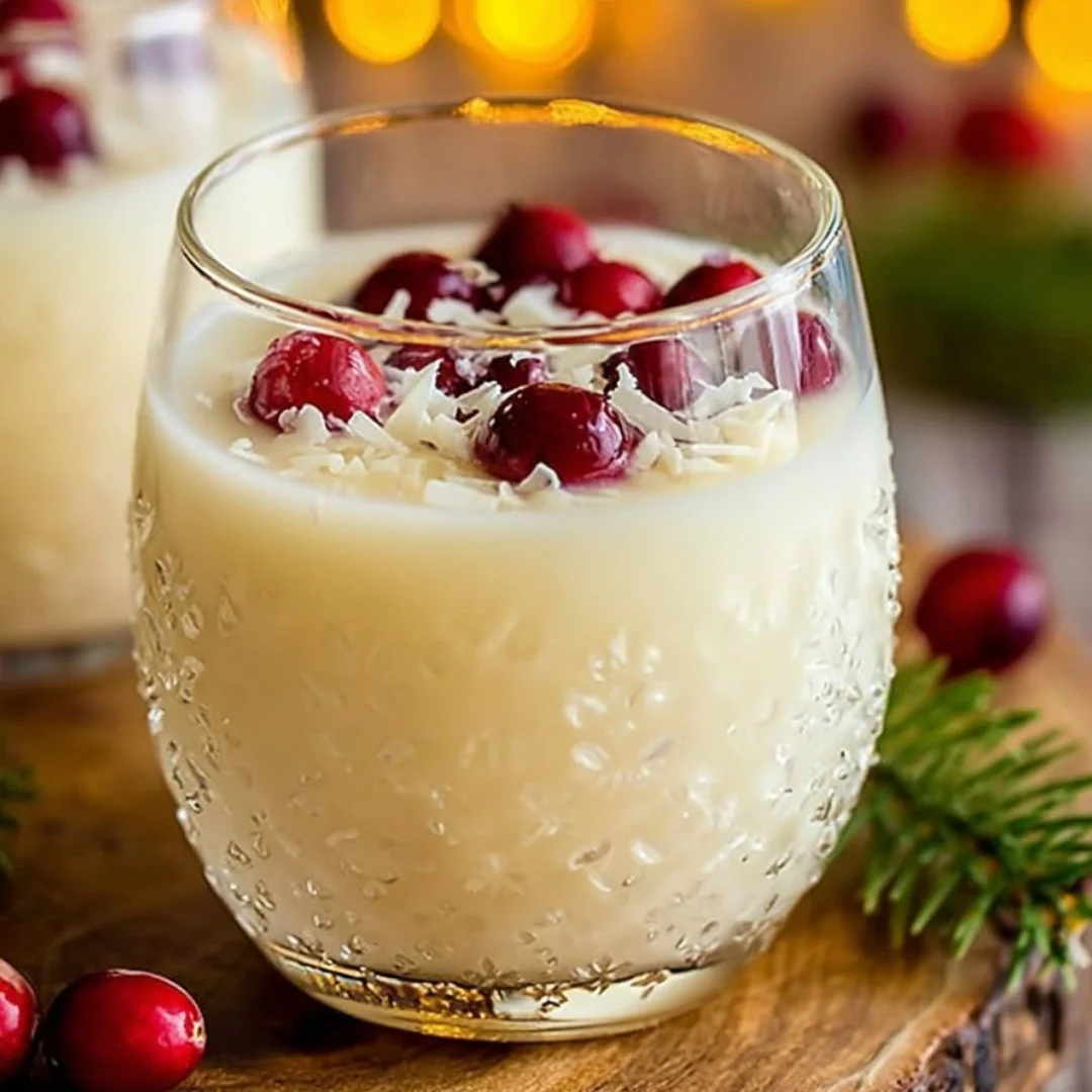 Beautiful White Christmas Punch in a festive glass with holiday decorations