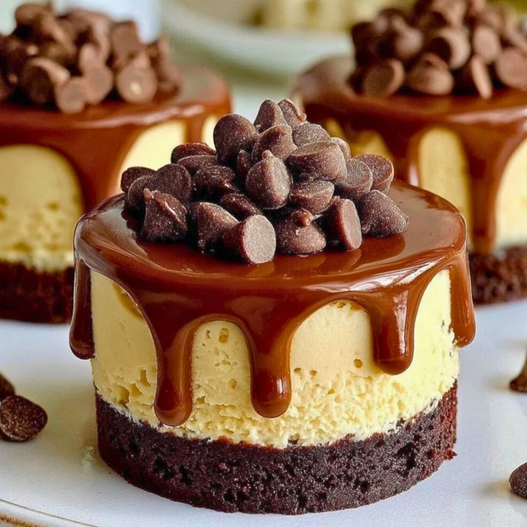 Brownie bottom mini cheesecakes topped with chocolate ganache and berries