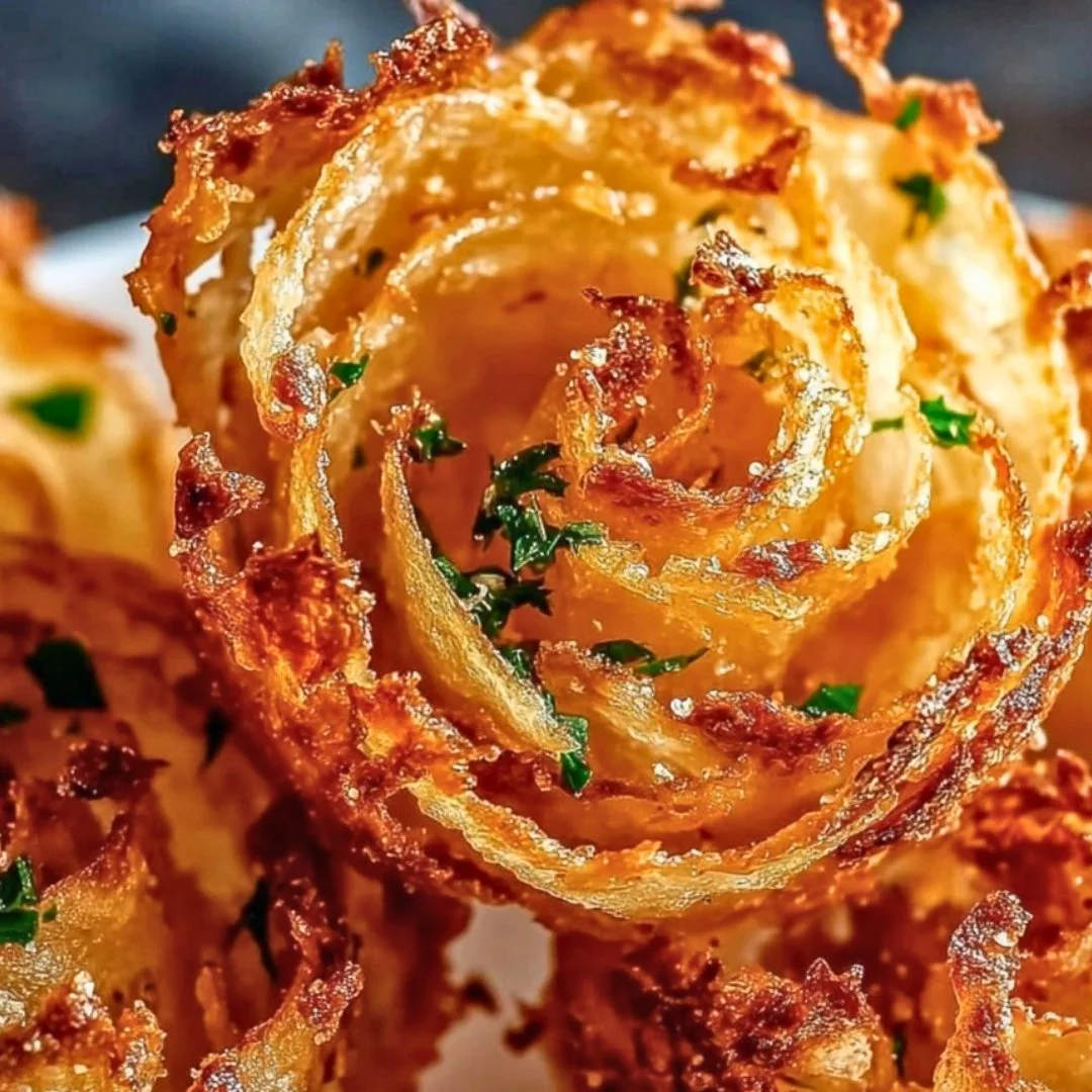 Crispy mini blooming onions cooked in an air fryer, golden and delicious.
