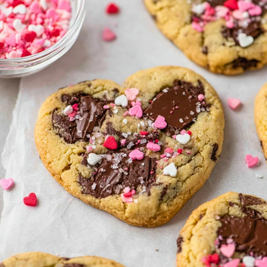 Heart-shaped chocolate chip cookies decorated for Valentine's Day