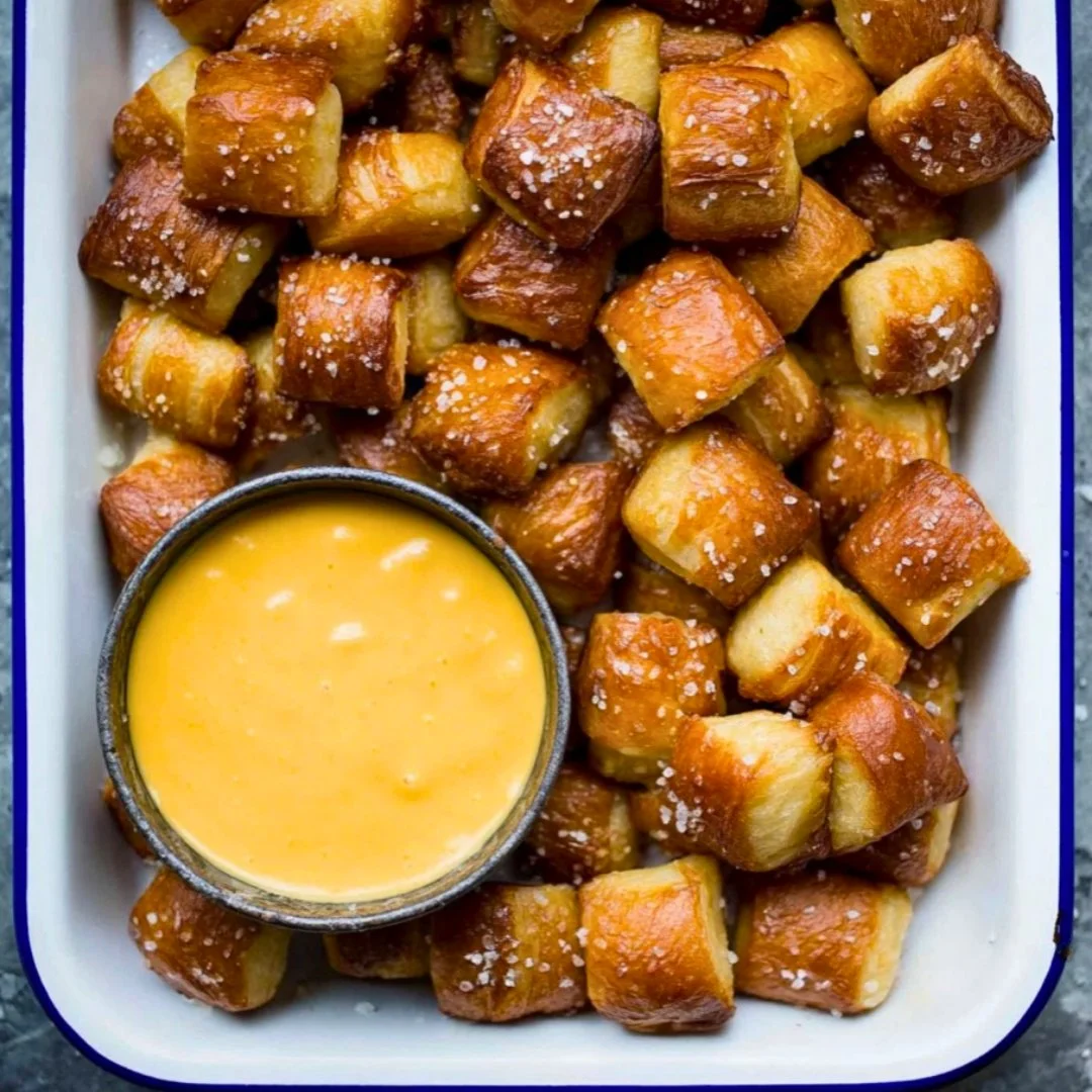 Freshly baked homemade soft pretzel bites on a plate