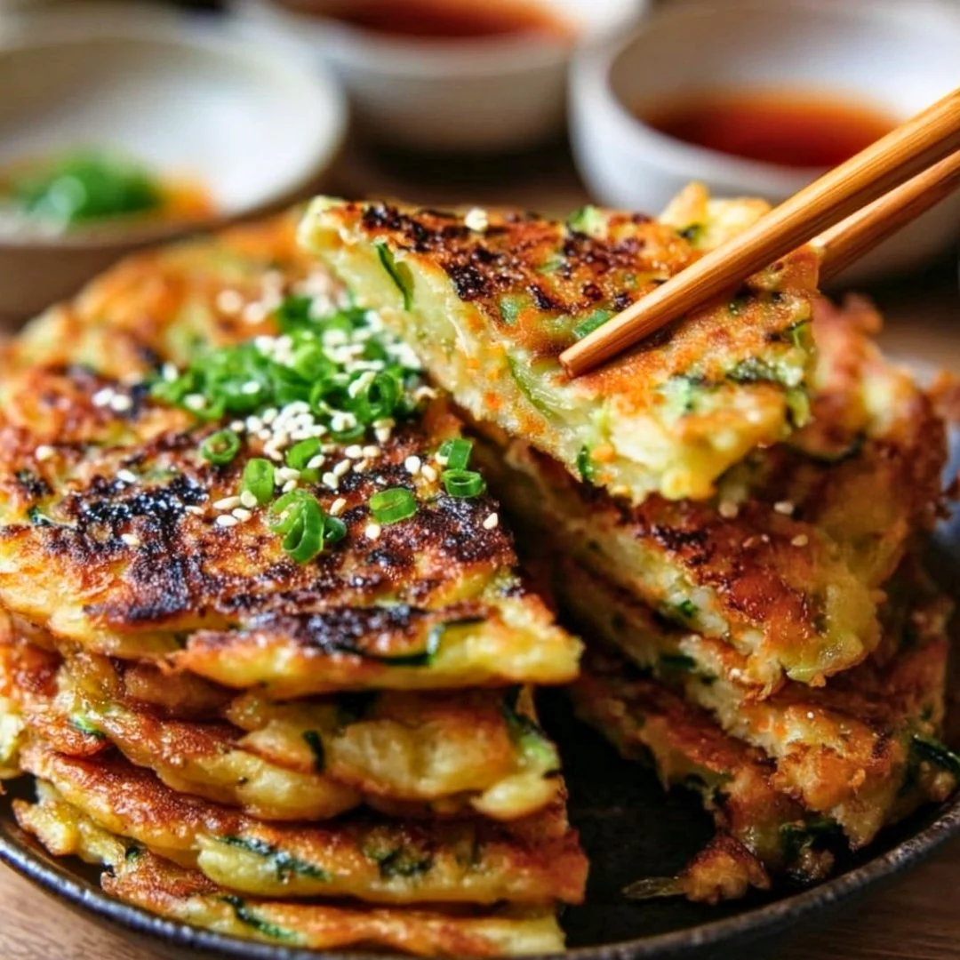 Delicious Korean Pancakes (Pajeon) made with vegetables and served hot.