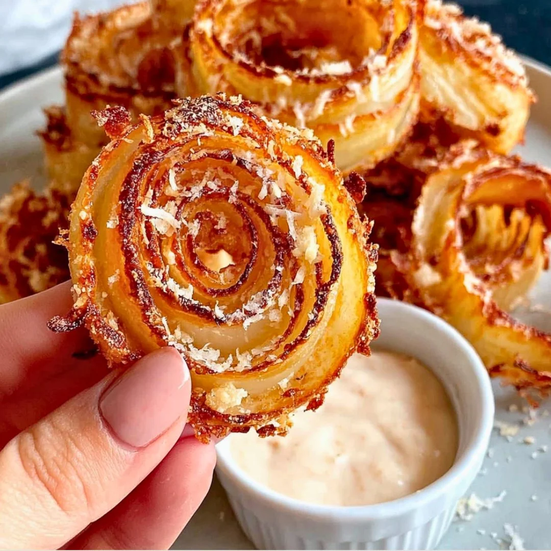 Low-carb baked onion rings on a plate, crispy and golden brown.