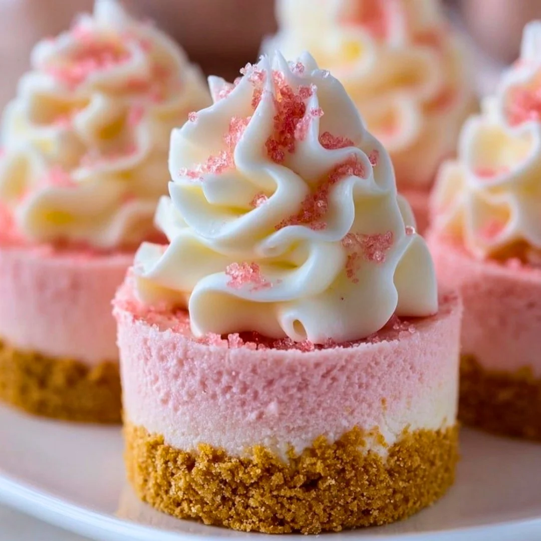 No-bake pink velvet cheesecake bites topped with whipped cream.