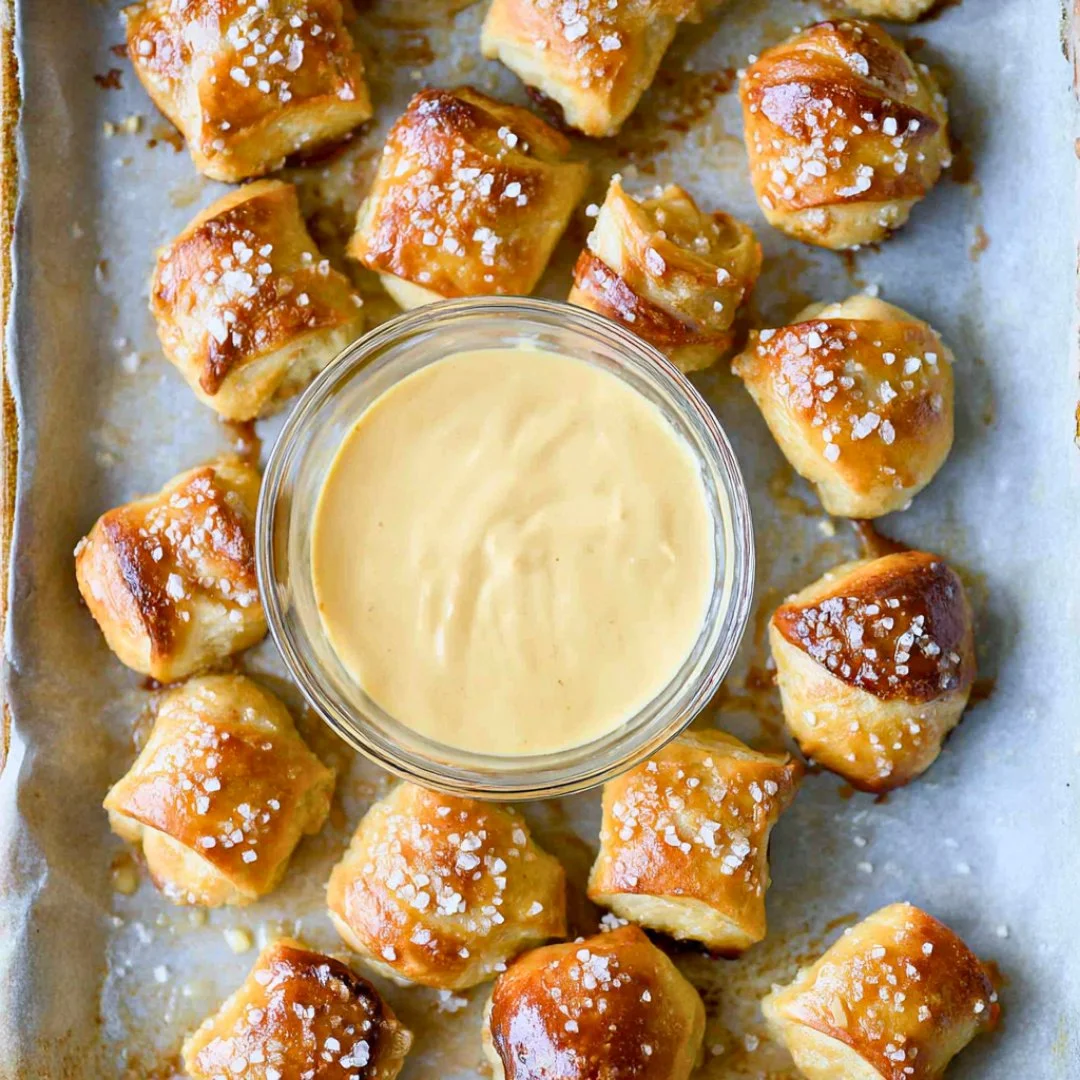 Homemade pretzel bites made from canned biscuits, sprinkled with coarse salt.