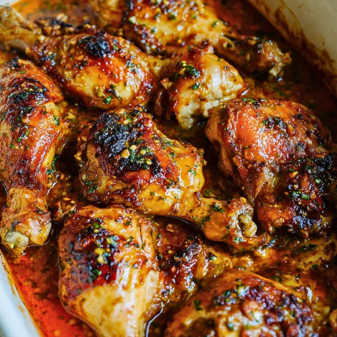 Delicious baked lemon butter chicken garnished with fresh herbs