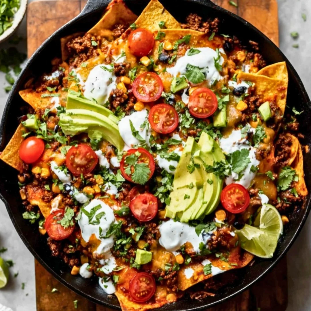 One-Pan Beef Enchilada Skillet with melted cheese and toppings