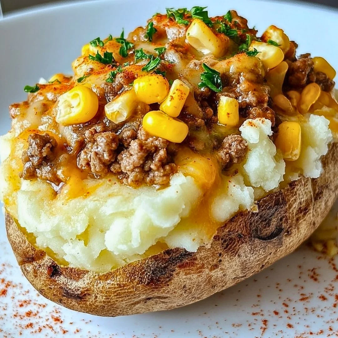 Shepherd's Pie Baked Potato topped with creamy mashed potatoes and savory meat mix