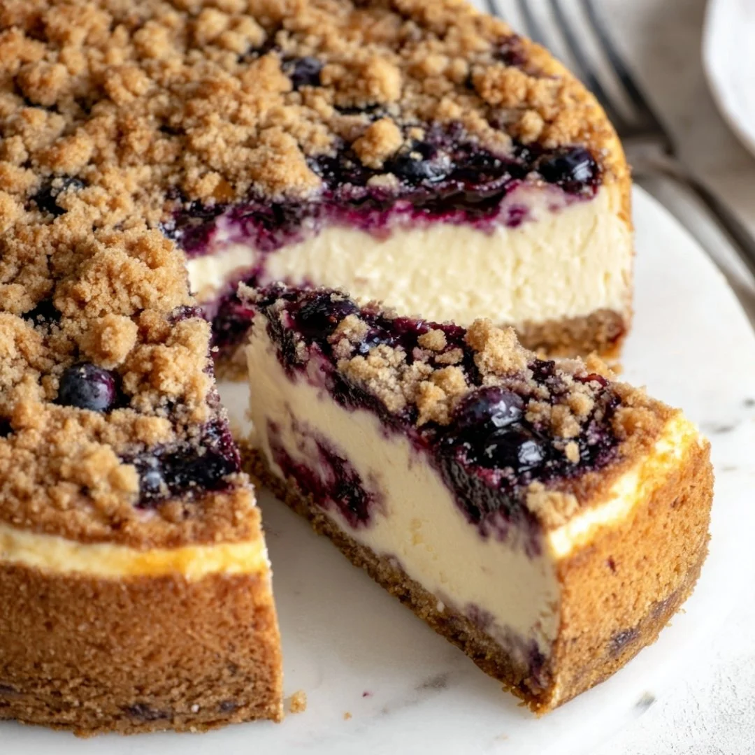 Blueberry cheesecake topped with crumble cookie crust on a wooden table