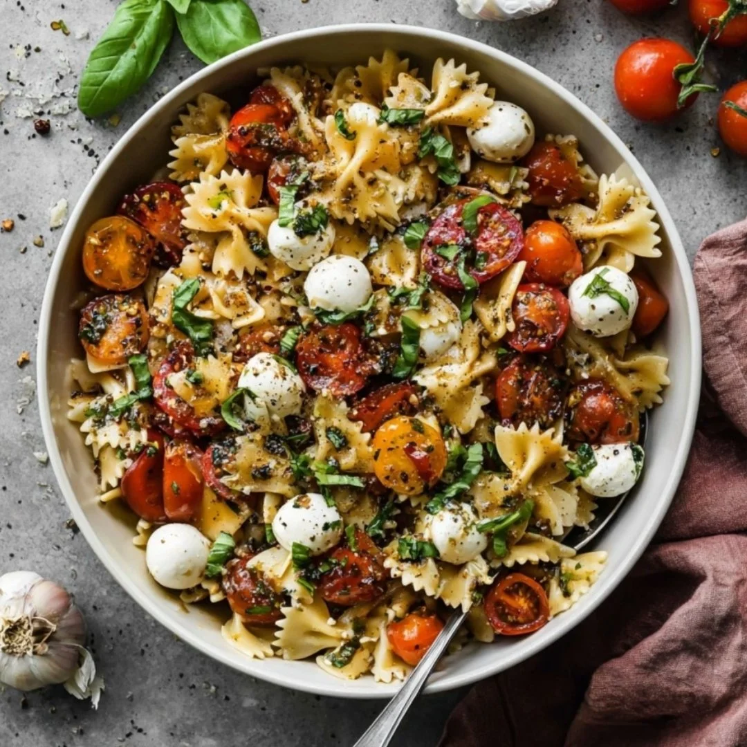 Delicious Bruschetta Pasta Salad with mini mozzarella balls and fresh ingredients