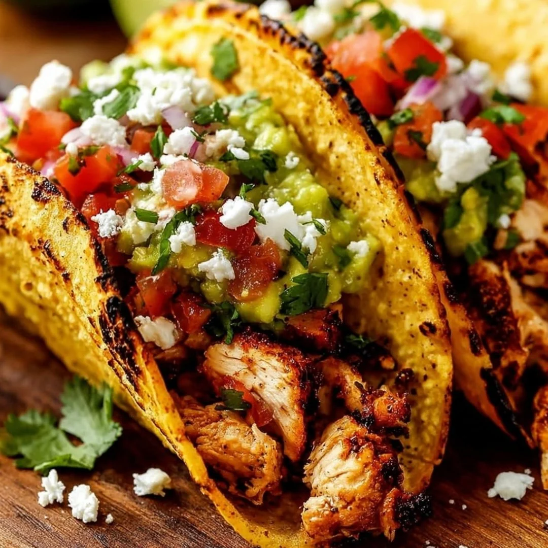 Delicious Chicken Street Tacos served with fresh toppings and avocado