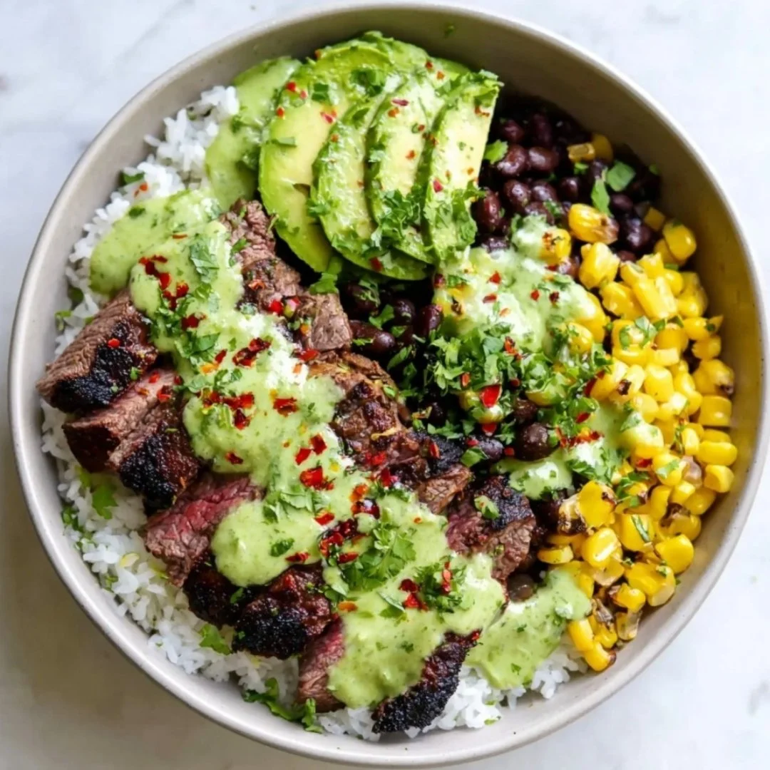 Cilantro Lime Steak and Rice Bowls with fresh ingredients in a bowl