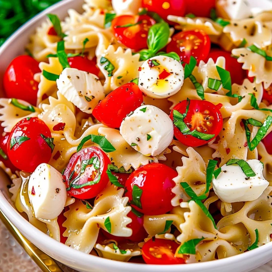 Colorful Caprese Pasta Salad with fresh tomatoes, basil, and mozzarella