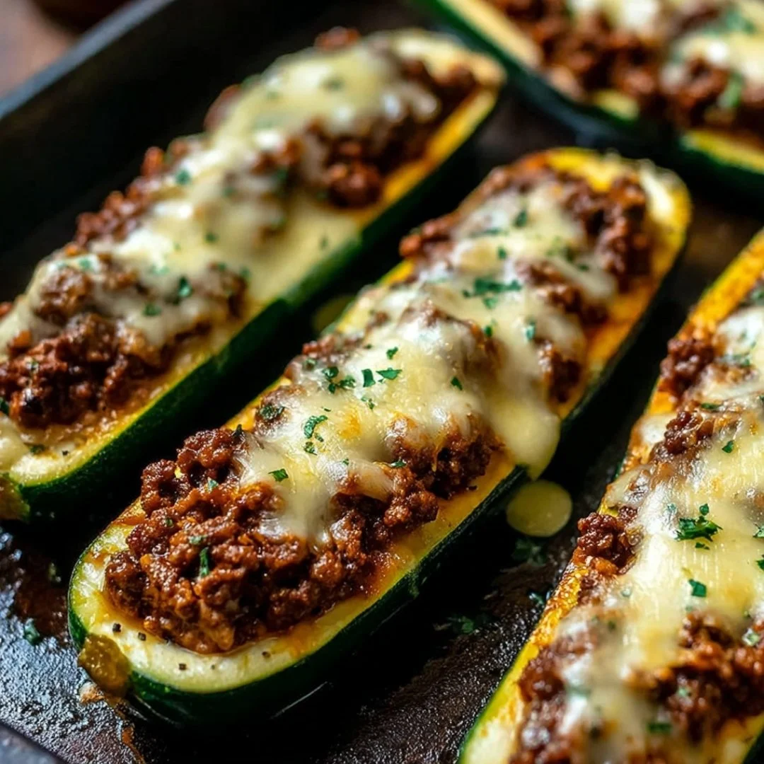 Ground beef stuffed zucchini boats topped with cheese, ready for baking.