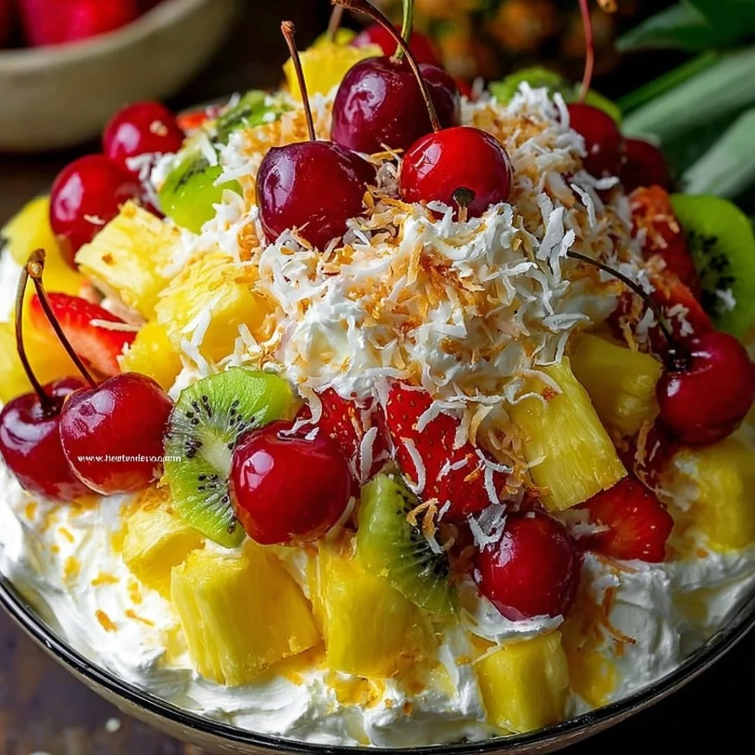 Delicious Hawaiian cheesecake salad topped with tropical fruits and creamy dressing.