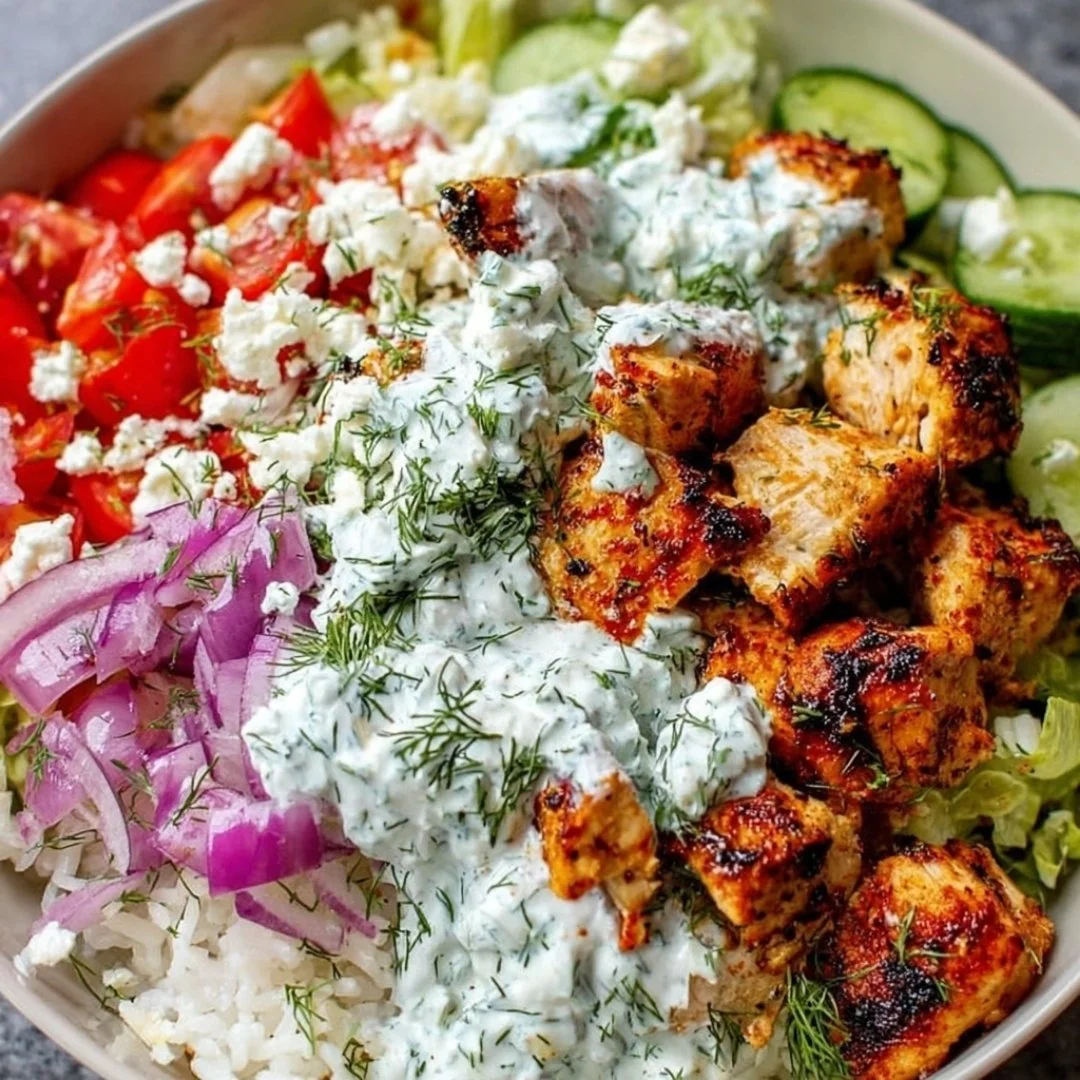 High protein Mediterranean chicken bowls with lemon-dill dressing