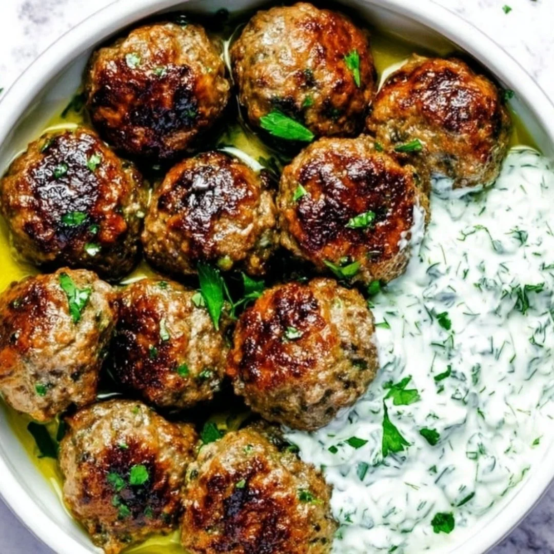 Plate of Keto Greek Meatballs (Keftedes) garnished with herbs and served with dipping sauce.