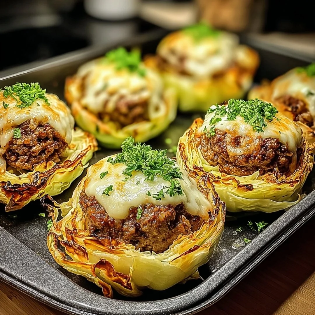 Oven-baked cabbage burgers on a plate with toppings.