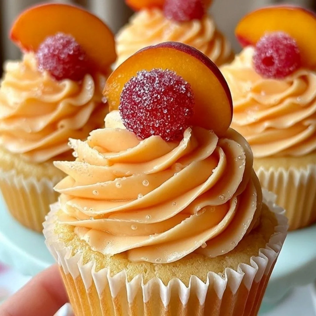 Peach Bellini cupcakes topped with peach frosting and garnished with fresh peaches.