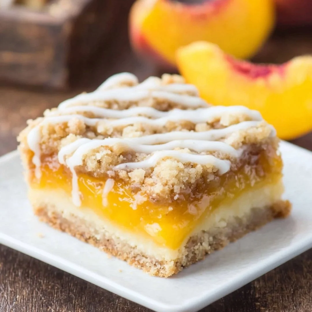 Delicious peach pie crumble bars topped with buttery crumble.