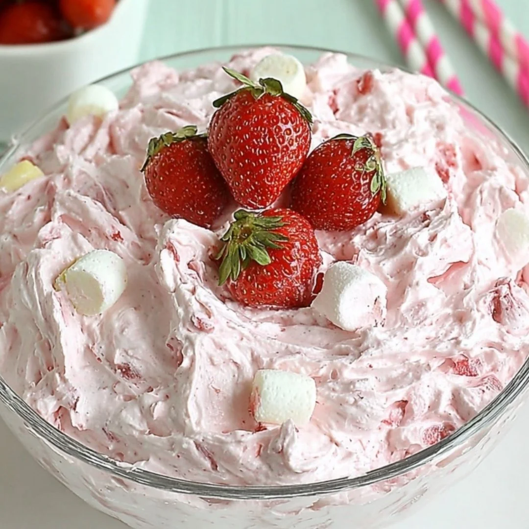 Delicious Strawberry Fluff Salad with whipped cream and fresh strawberries