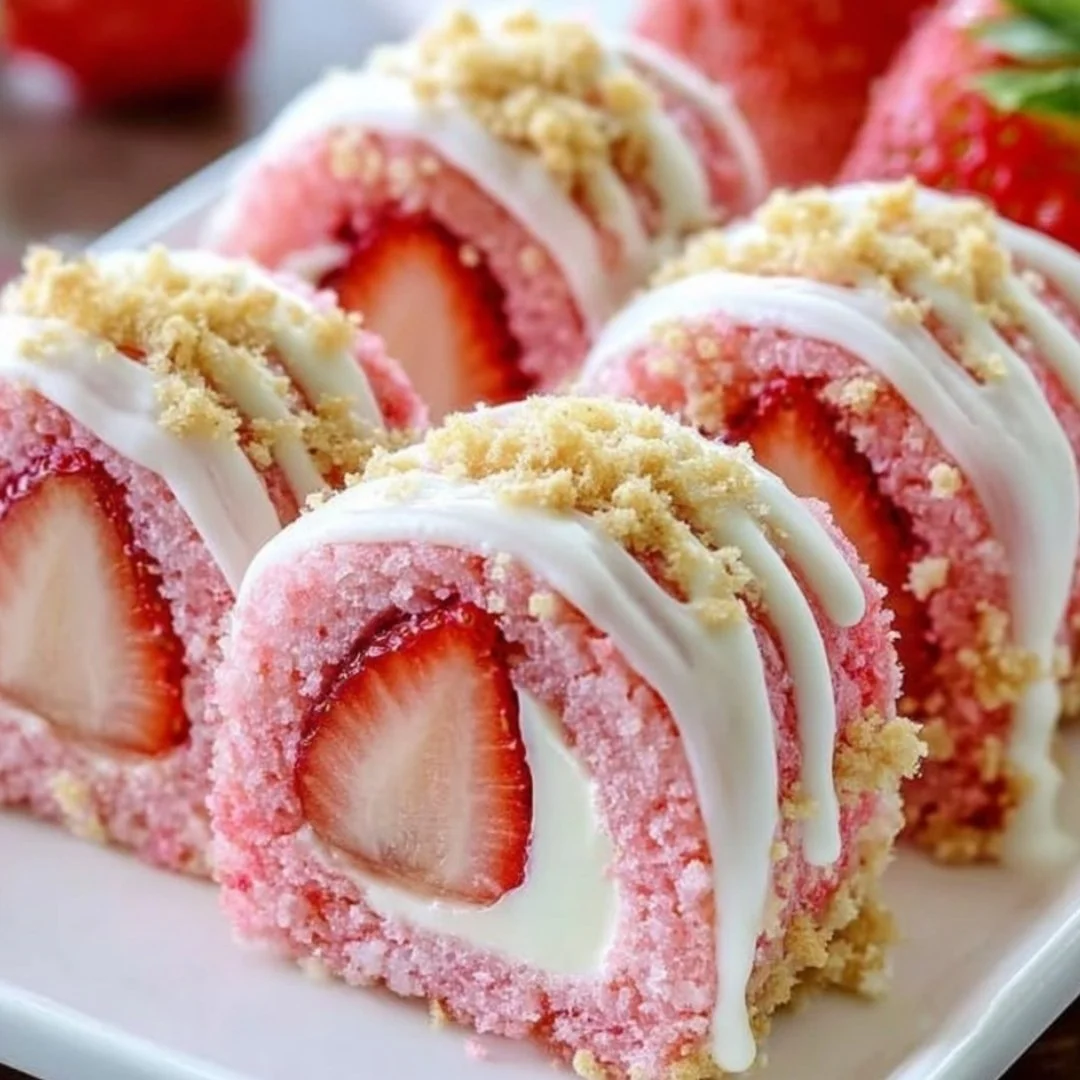 Strawberry shortcake cheesecake dessert sushi rolls on a plate