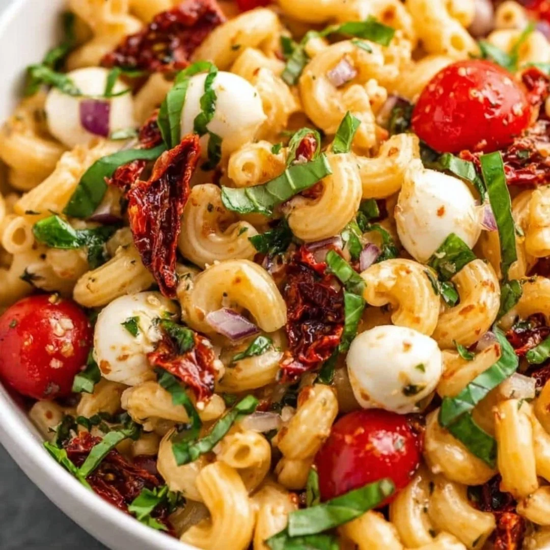Sun dried tomato pasta salad served in a bowl with fresh ingredients.